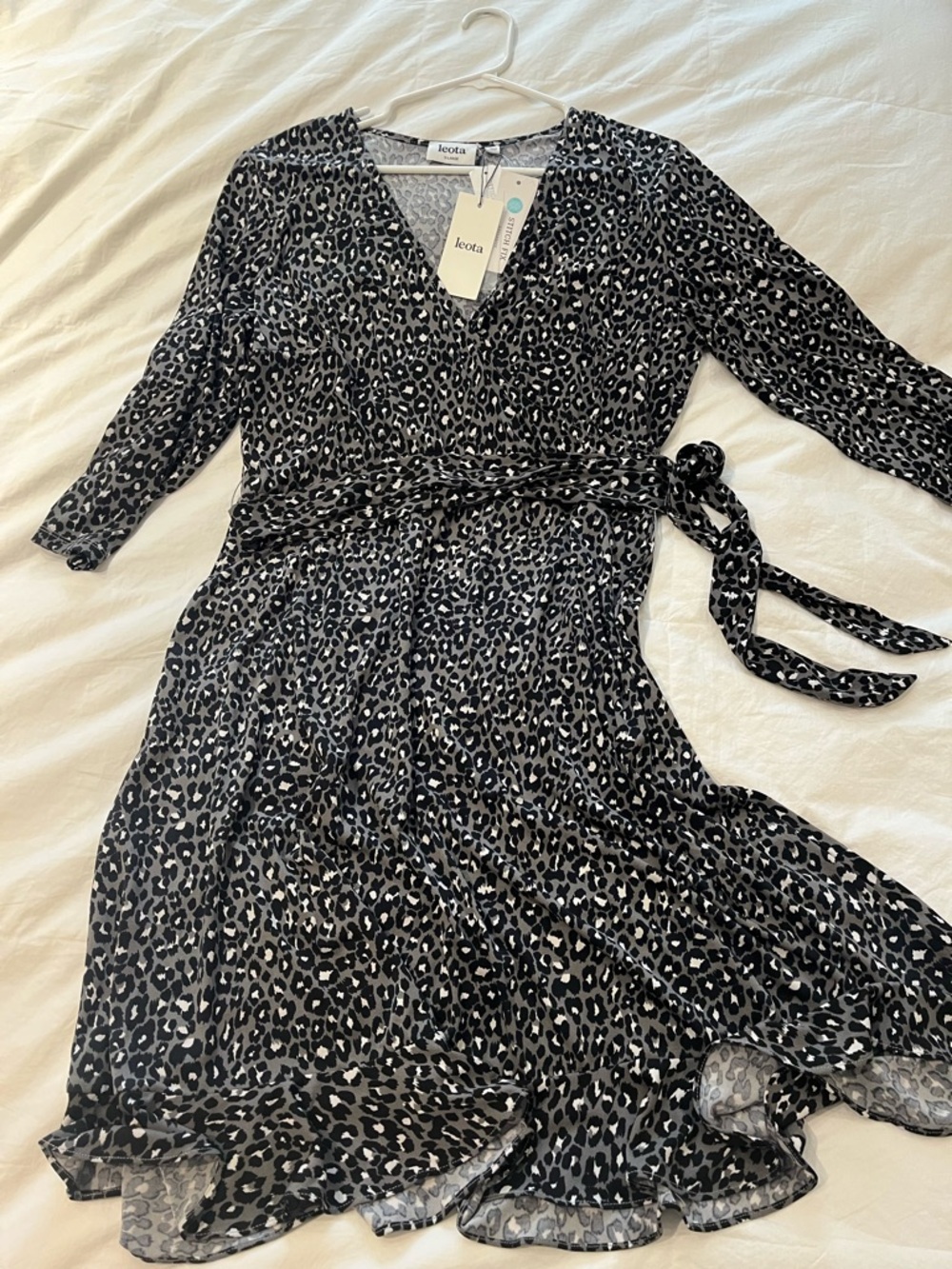 Leota Black & White Leopard-Patterned Wrap Midi Dress